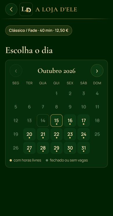Página de marcação d'A Loja D'Ele: o cliente escolhe o dia
